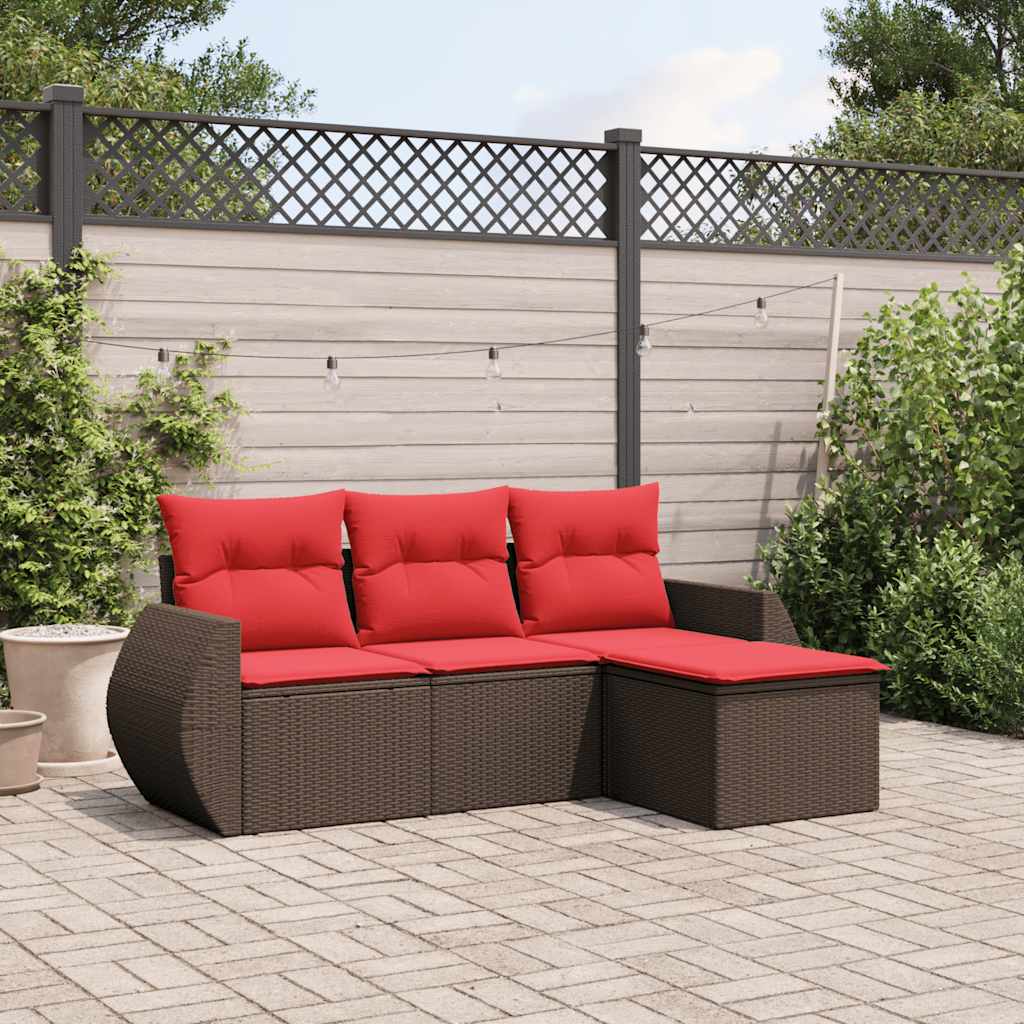 4 Piece Garden Sofa Set with Cushions Brown Poly Rattan