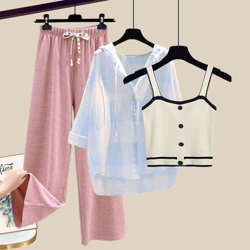 Knitted Suspender Vest Plaid Panel Sunscreen Chiffon Shirt Wide Leg Pants Three-piece Elegant Women Pants Set Summer Outfits
