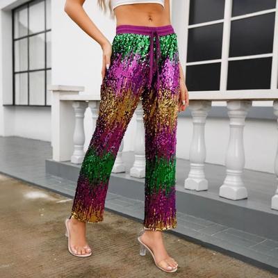 Women Pants Elastic Waist Adjustable Drawstring Straight Wide Leg Trousers Shiny Sequins Pants