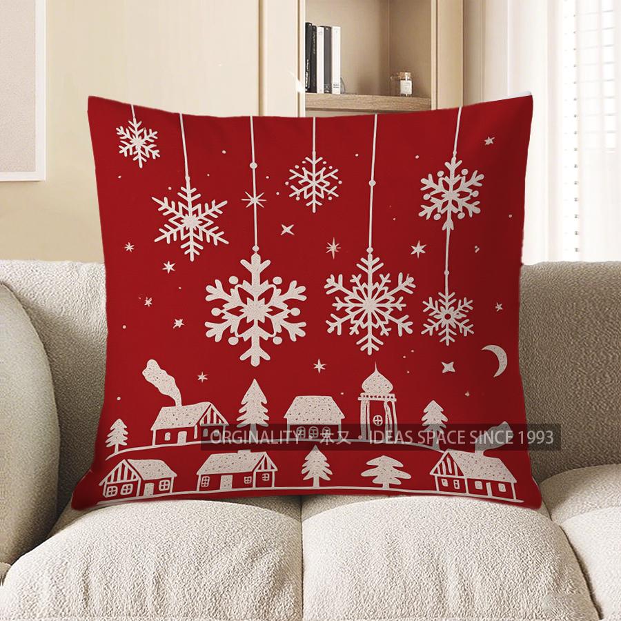 Home Decor Christmas Red Pillow with Deer and Snowflakes Pattern Cushion Cover Suitable for Sofa Bedroom Car Pillow Cover