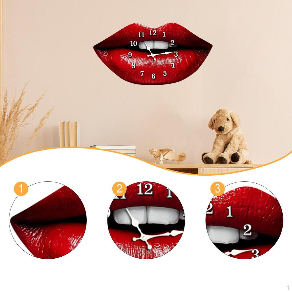 Lady Red Lips Shaped Wall Clock Silent Fashion Wood Art Home Decor Ornament Hanging for