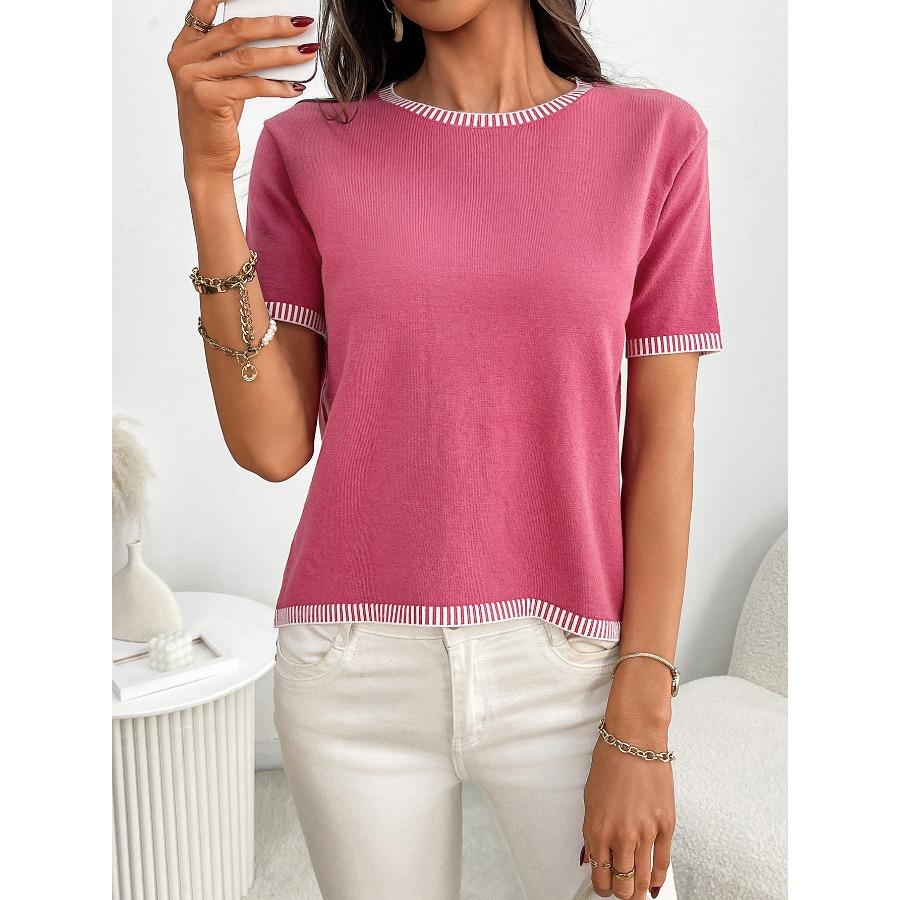 Summer Women's Pullover Short Sleeved Round Neck Short Sleeved Striped Knitted Sweater Shirt