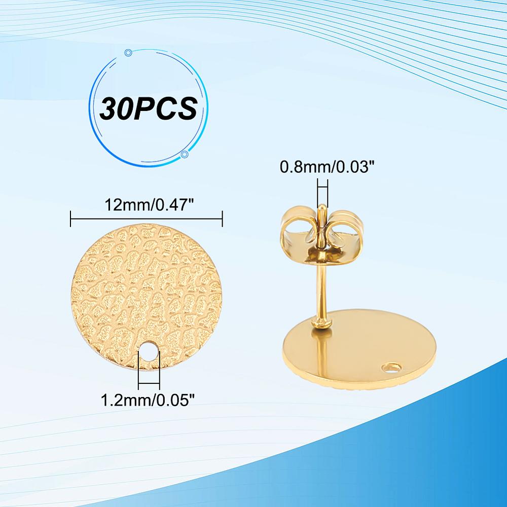 30Pcs Ion Plating(IP) 304 Stainless Steel Ear Stud Findings with Hole and Friction Ear Nut Textured Flat Round with Spot Lines Golden 12mm Hole: 1.2mm