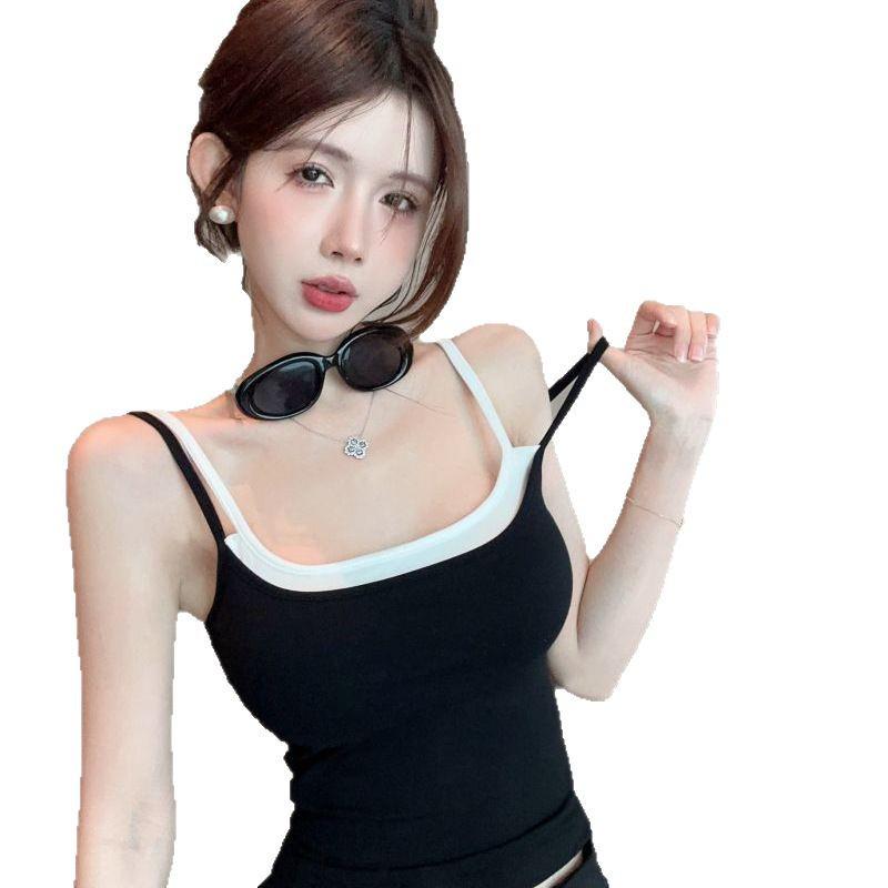 Dámské černé falešné dvoudílné tílko s vycpávkami na prsou - Unikátní thajský design, Sladký a pikantní krátký top