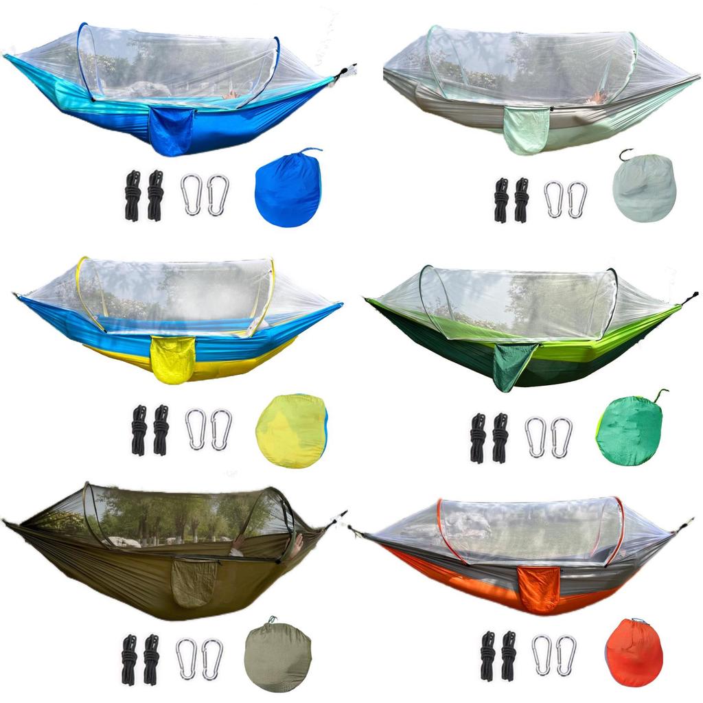 Quick-Open Mosquito-Resistant Hammock with Net, Single/Double Person, Anti-Roll Parachute Cloth for Outdoor Camping Swing