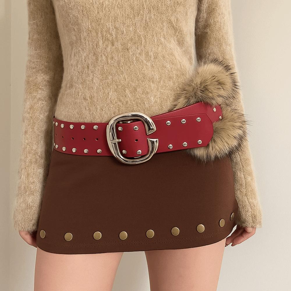 Rivet Leather Fur Belt Faux Fur Plush Belt Vintage Y2K Waistband  Daily