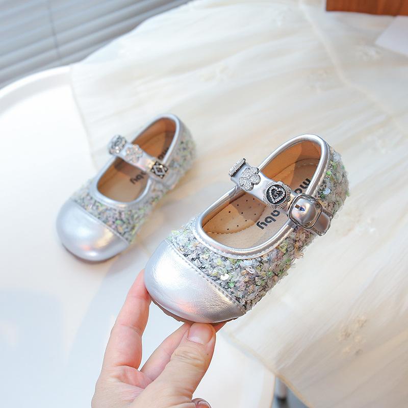 Girls Mary Janes Round Toes Sweet Kids Dance Shoes Ins Trendy Pu Leather Soft Sole 2025 New Girls Princess Shoes Shiny Sequins
