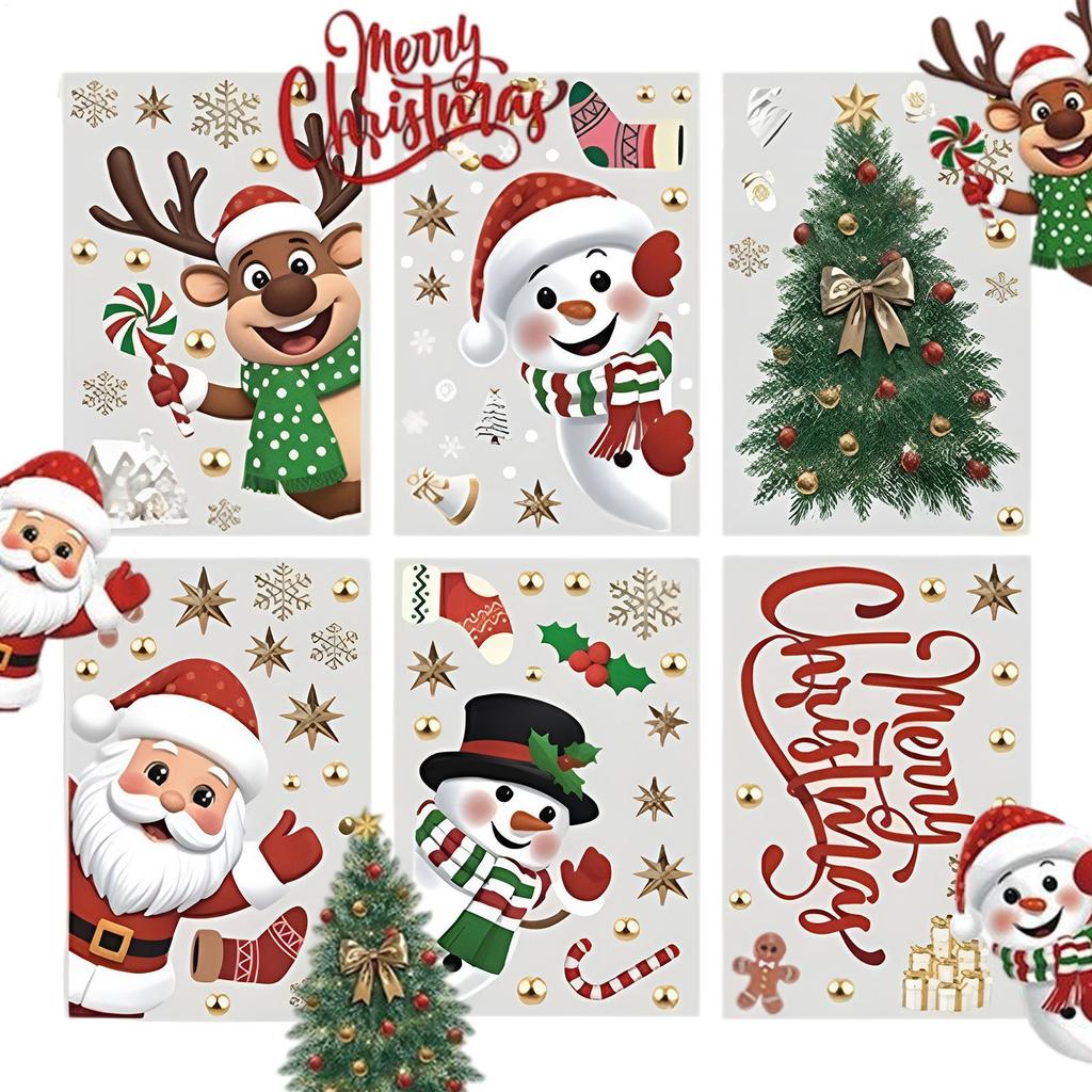 6PCS Christmas Window Stickers Snowflake Santa Claus Reindeer Tree Snowman Stickers Self-Adhesive Reusable Window Decals