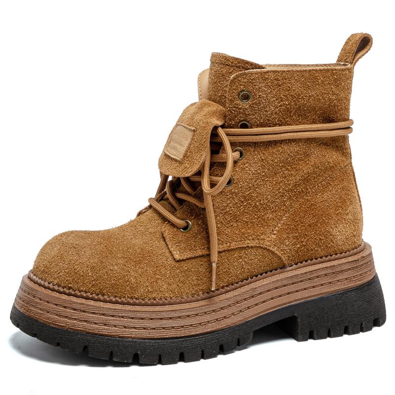 Leather thick-soled heightening rhubarb boots for women's autumn and winter new niche casual brown Martin big boots for women