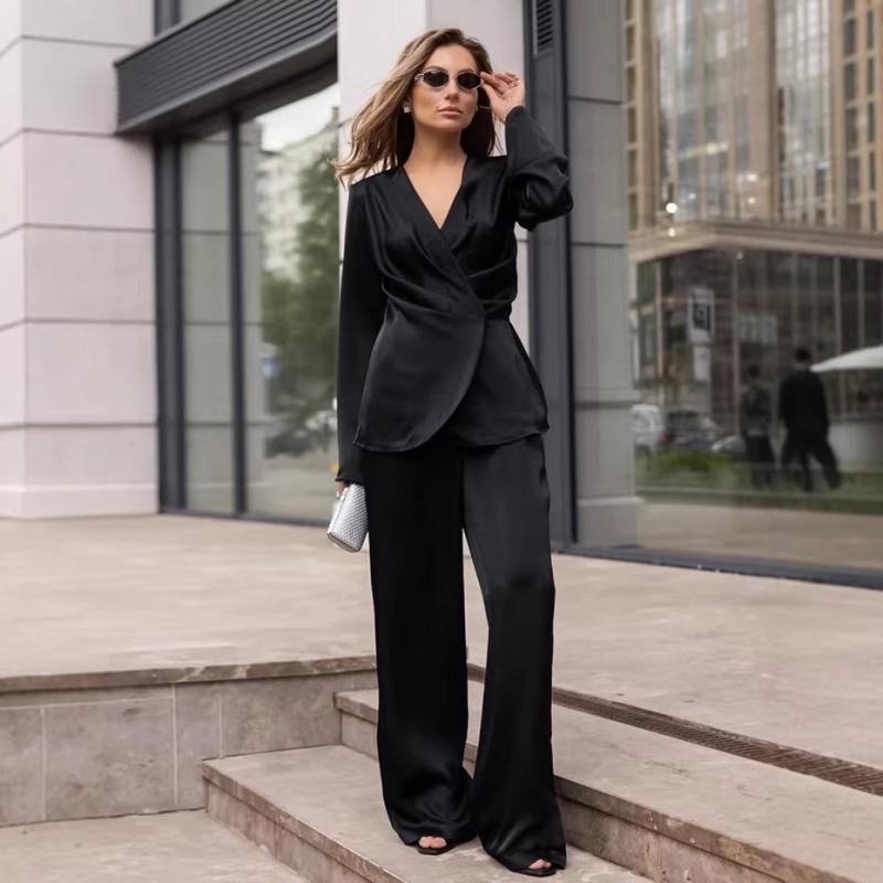 2026 Womens Vintage Brown Long Sleeve Shirt Top Pants 2 Piece Set