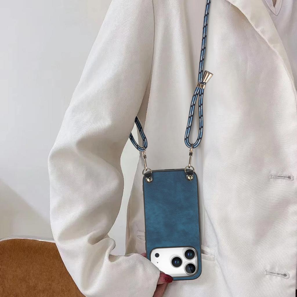 Pro iPhone 17 Pro Retro kožený zadní kryt telefonu s nastavitelným popruhem