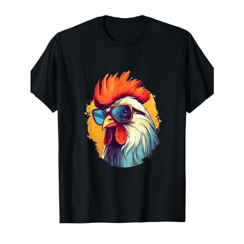 Vintage Rooster With Fashion Glasses Graphic T-Shirt | Crew Neck Short Sleeve Tee,Soft Breathable,Regular Fit Casual Shirt For Men, All-Season Comfort