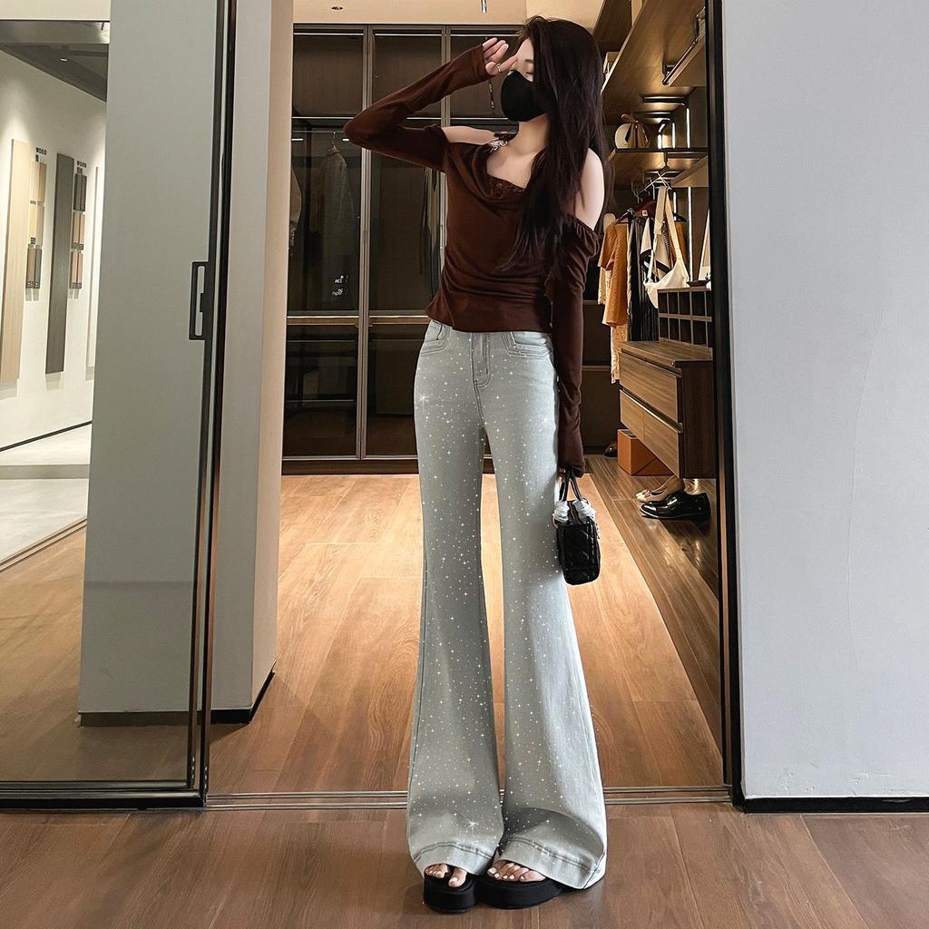 Spring Summer Platinum Glitter High Waist Slim Hide Figure Light Tone Floor Sweeping Micro Flare Denim Pants Ladies Casual Oversize Denim Trousers