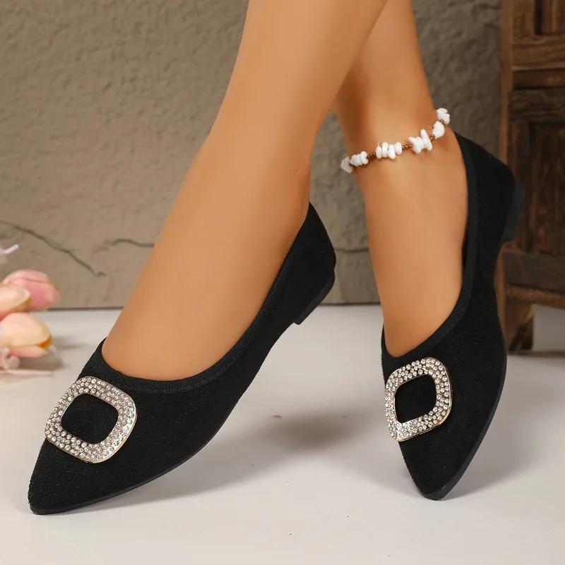 2025 Plus Size Women's Flats French Style Pointed Toe Black Diamond Decor Autumn Elegent Flat Sole Comfortable Work Shoes Ladies