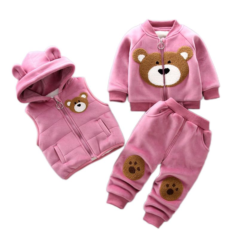 Autumn Winter Baby Boys Clothes Sets Thick Fleece Cartoon Bear Jacket Vest Pants Three Pcs Cotton Sport Suit for Girls Warm Outfits