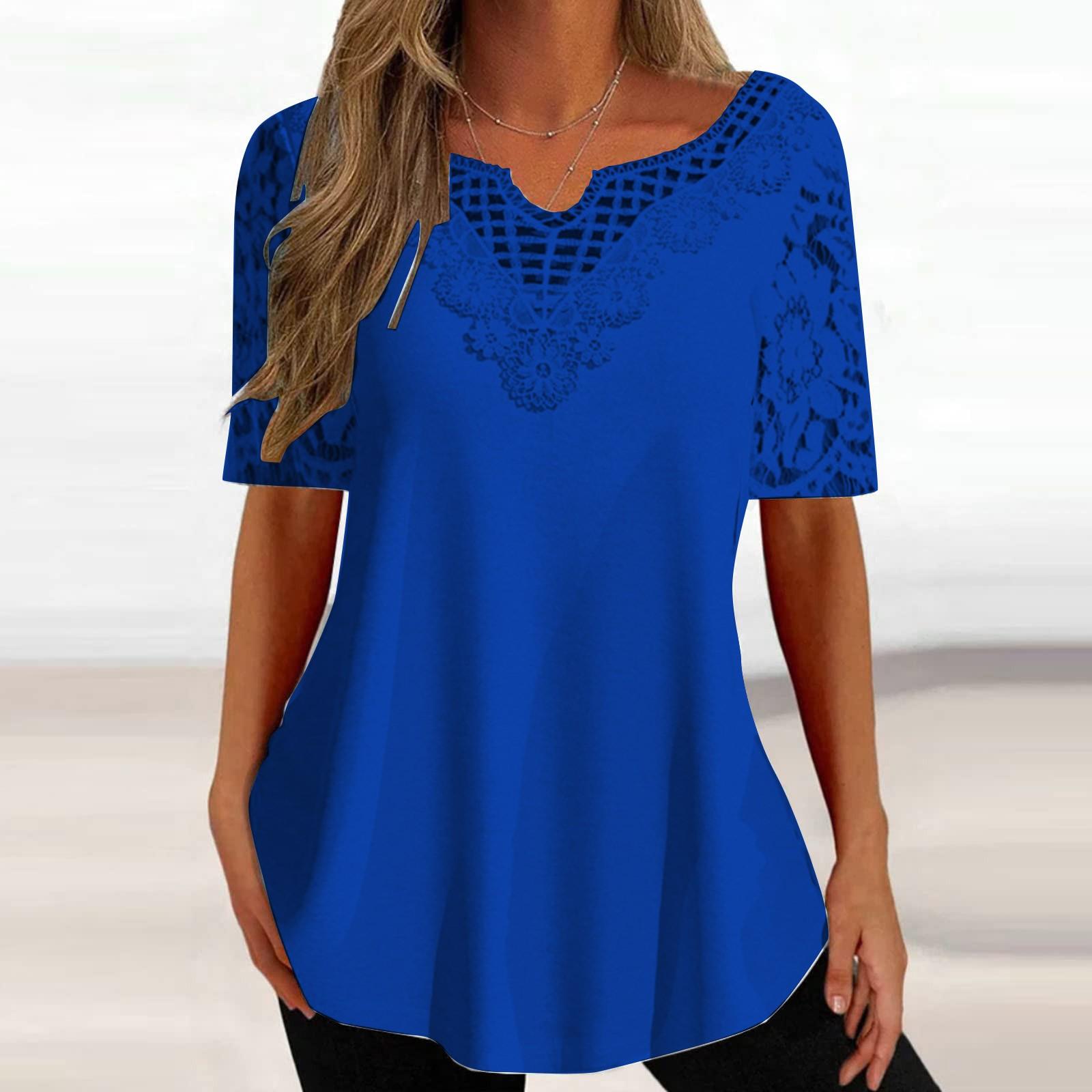 

(Острая курица)Женская мода с v-образным вырезом, кружевная футболка с коротким рукавом, модный пуловер в рубчик XL королевский синий