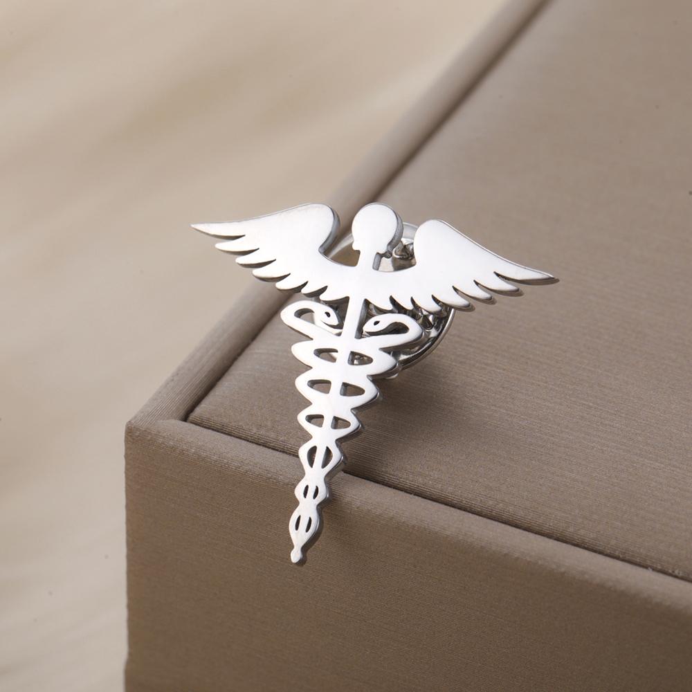 Dawapara Caduceus Symbol Brooch Pin Medical Symbol Accessories Travelers Talisman Graduation Gift Stainless Steel Jewelry