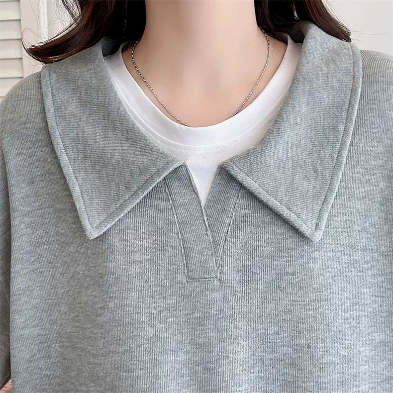 Sweatshirt for Women Pullover Long Sleeve Faux Two-Piece Oversize Solid Color Loose Casual Sweatshirt Top