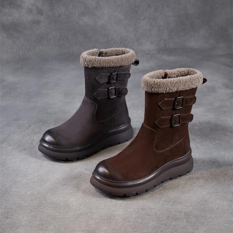 Johnature Anti Slip Thick Soled Snow Boots Belt Buckle Plush Warm Genuine Leather Women's Mid-calf Boots