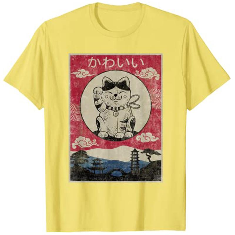 Vintage Kawaii Cat Anime Japanese Gift Girls Boys Teenager TShirt Top Y2k Cartoon Graphic Aesthetic Clothes Novelty Personality