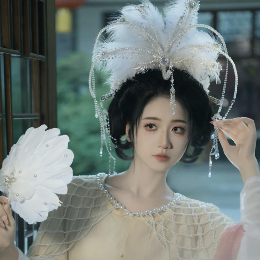 Vintage Chinese Hanfu Hair Crown Fairy Peri Feather Tiara  Hanfu Accessory