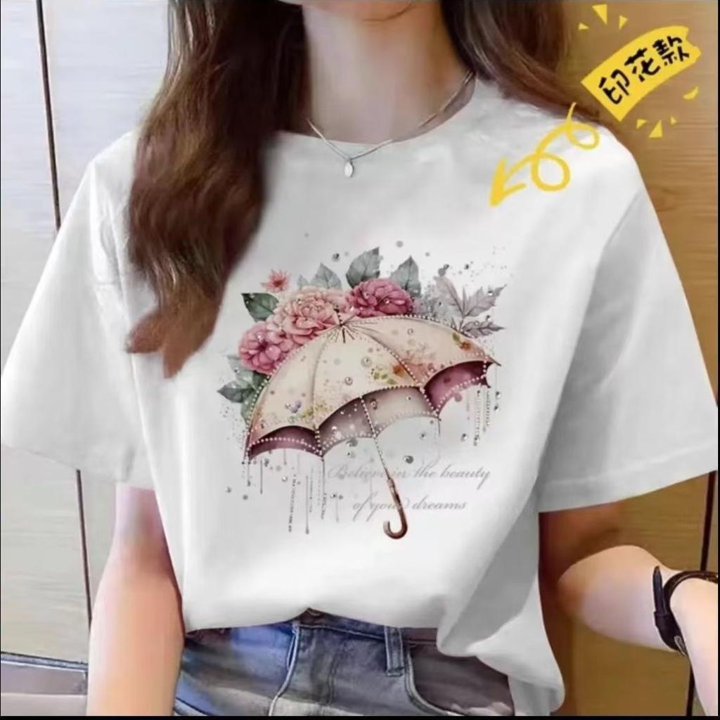 White Women's Internet Celebrity Summer Wear New Korean Version Casual Loose Large Size Women's Short Sleeve Printed T-shirt Women's Round Neck T