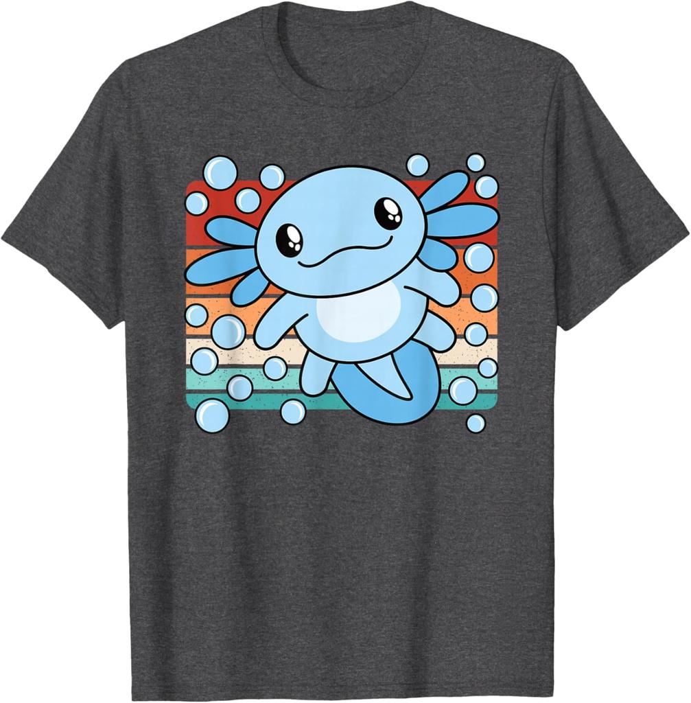 Niedlicher Axolotl Salamander Retro Sonnenuntergang Grafik T-Shirt Weiche Baumwolle Lässiges T-Shirt für Kinder