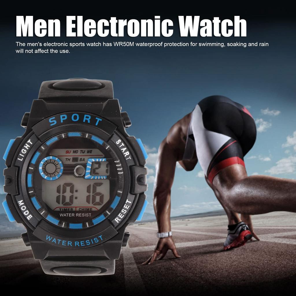 Men's Multifunction Digital Sports Watch, 50M Water Resistant, with Luminous Alarm, for Swimming and Running (Black and Blue)