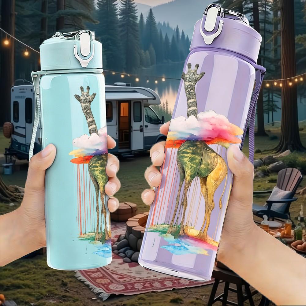 1PC Giraffe Watercolor Animal Print 750ml Color Plastic Sports Water Bottle Leakproof Flip Straw Lid Suitable for Sports Office Home Use