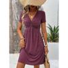 Women's Dress Solid Color V-neck Spring/summer Short Sleeve Breathable Fiber Ladies Casual Noble Slim New Knee-le