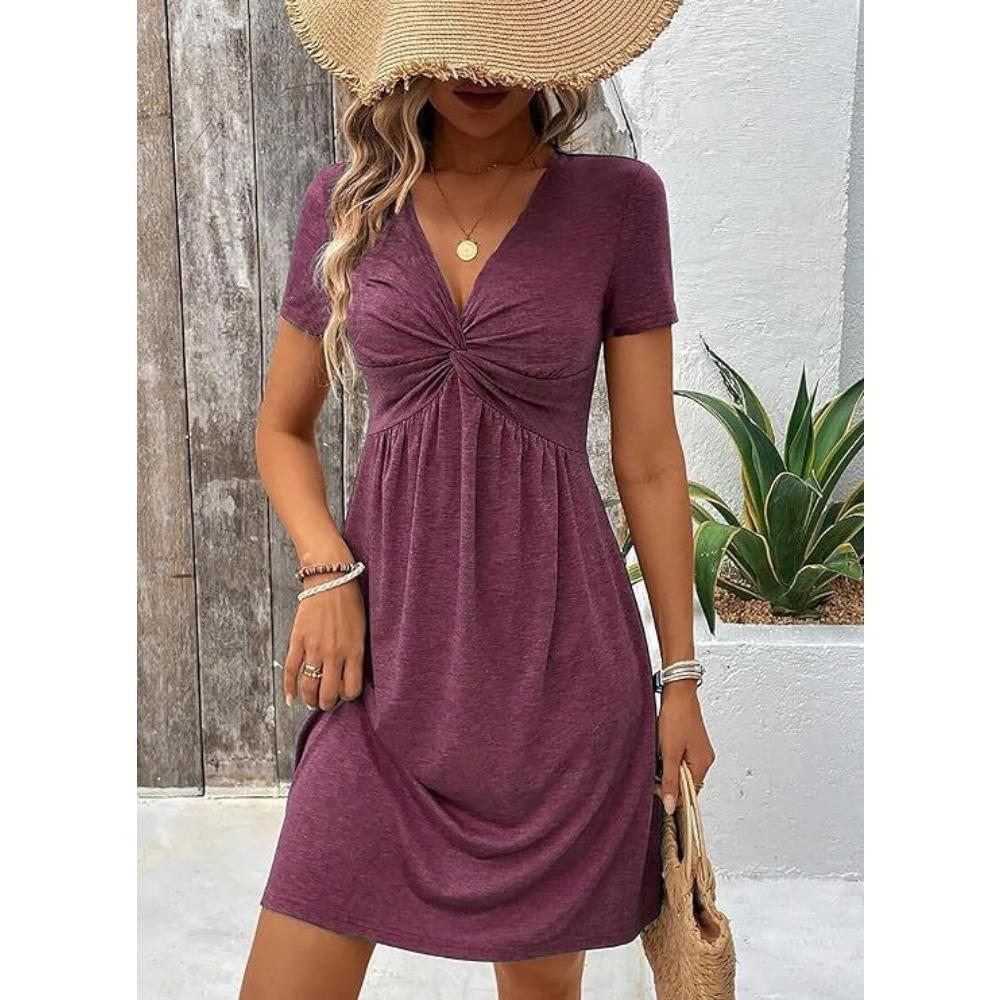 Women's Dress Solid Color V-neck Spring/summer Short Sleeve Breathable Fiber Ladies Casual Noble Slim New Knee-le