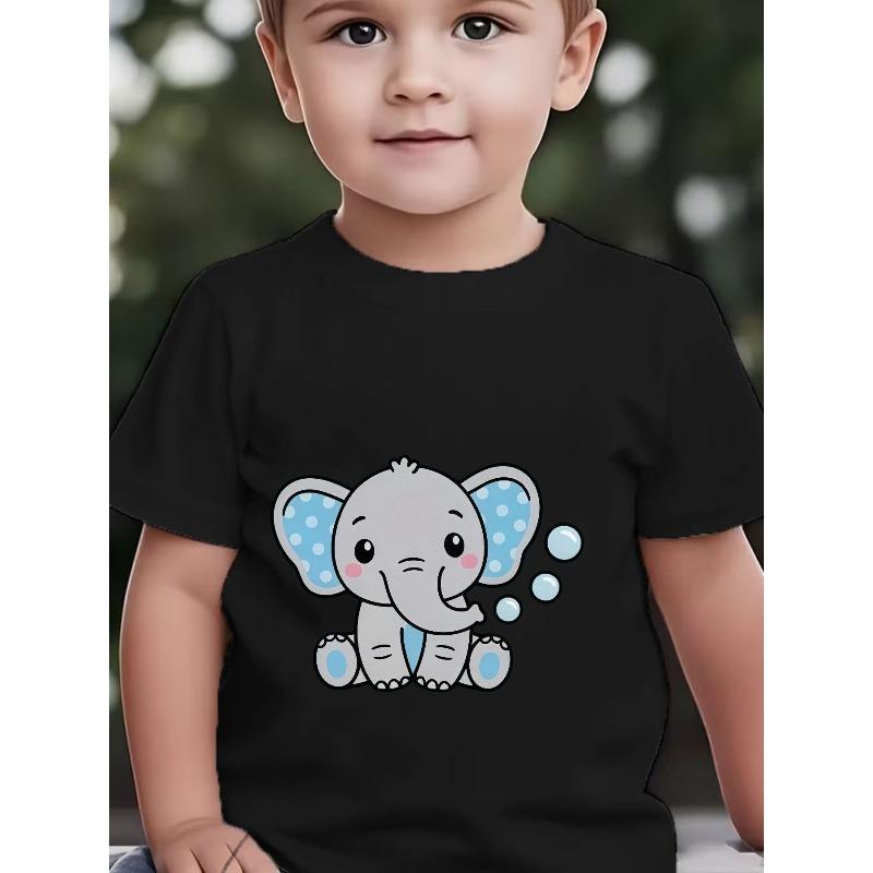 Boys Cute Cartoon Elephant Print Crewneck Short Sleeve Tee, Summer Casual Top for Kids