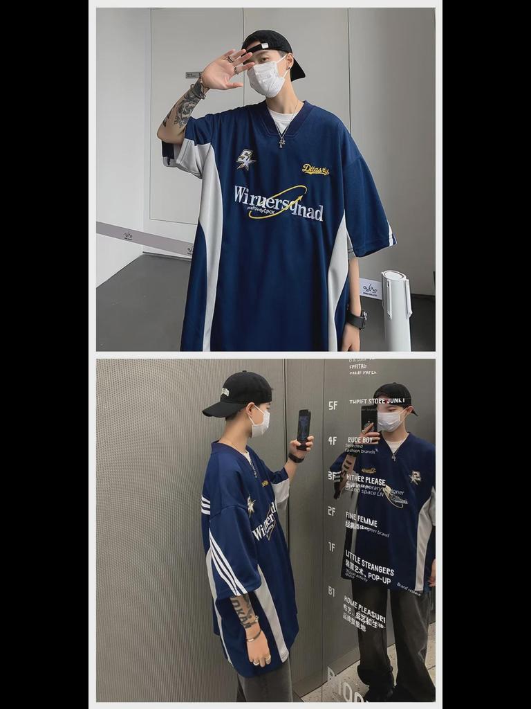 Boys' New Summer V-Neck Embroidered T-Shirt with Five-Point Sleeves – Fashionable and Simple Design