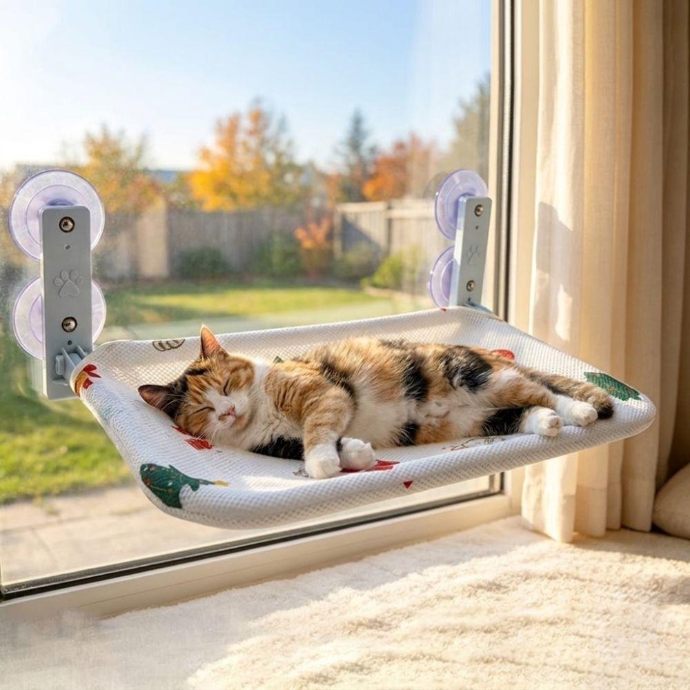 Wall Mounted Christmas Cat Hammock Removable Breathable Mesh Cat Window Perch with Suction Cup Jumping Platform