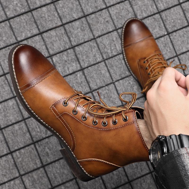Men's Retro Korean Style High-Top Leather Martin Boots with Plus Velvet, Large Size Cotton Work Boots for Autumn