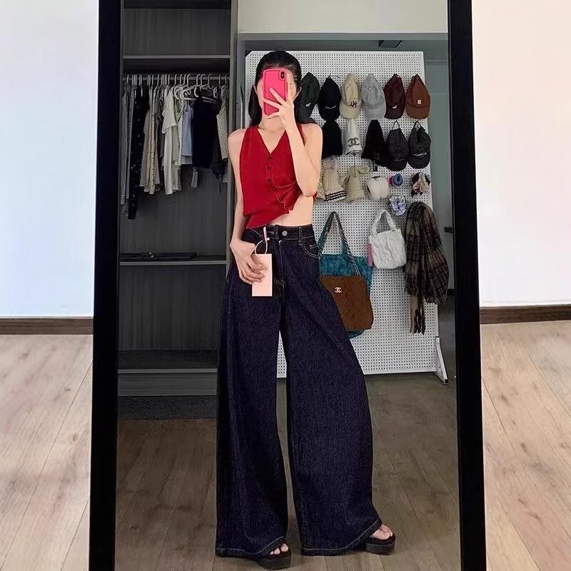 Women's Dark Blue Retro Wide-Leg High Waist Jeans - Autumn Loose Fit, Slimming Straight Pants
