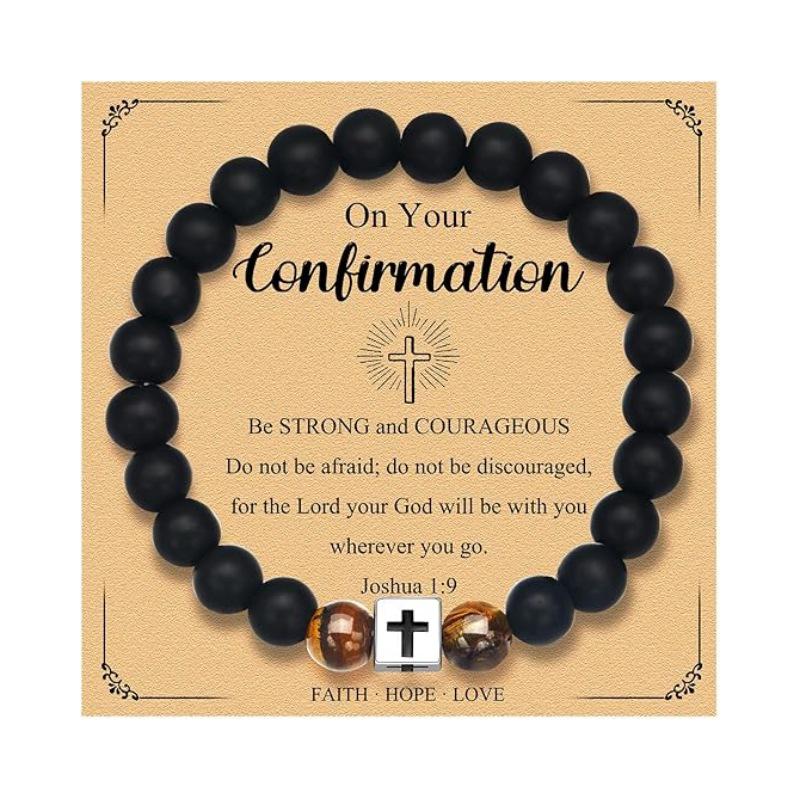 Black Matte Stone & Tiger Eye Square Cross Pendant Bracelet