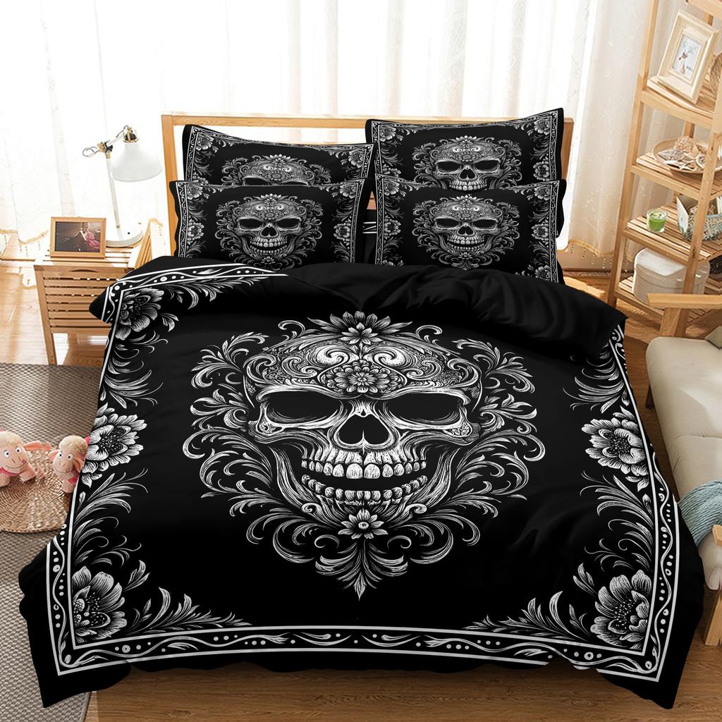 3 Pieces Vintage Ornate Gothic Skull Print Duvet Cover Set, White Scroll Flower Skeleton Dark Art Pattern Bedding