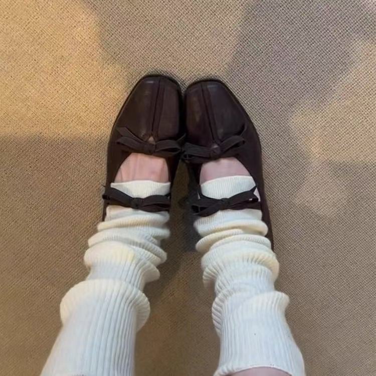 Square Head Retro Bow Mary Jane Shoes Women's New Shallow Mouth One Pedal Low Heel Ballet