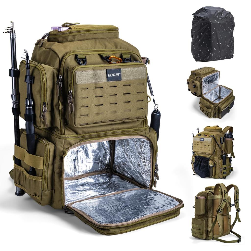 Goture Water-Resistant Fishing Backpack Lightweight Large Hiking Hunting Bag with Rod Holder Adjustable Tackle Storage Pack