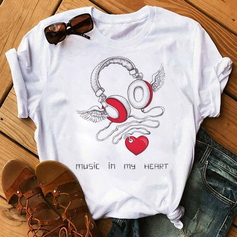 Music Note Heart Pinted T Shirt Fashion Women T Shirt 90S Girls Ladies Tops Cute Short Sleeve Tee Shirts Women T-Shirt Clothing