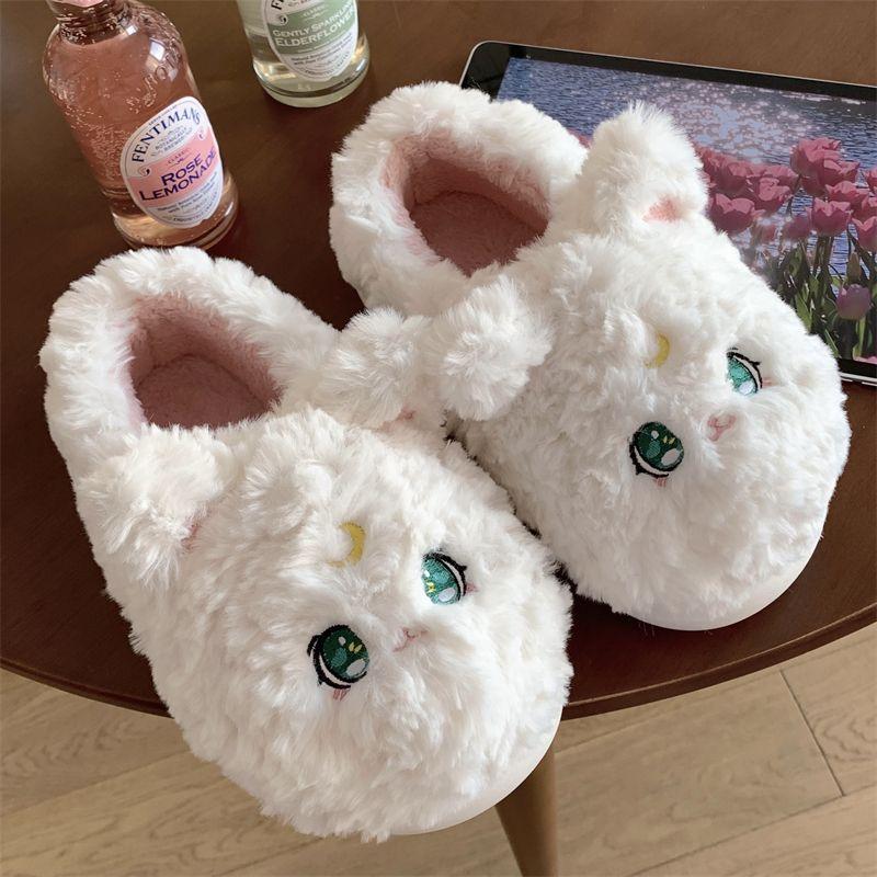 Fashion Cute Winter Plush Cat Shaped Slides Slippers Women's Cozy Feet Shoes Ladies Soft Home Furry Classic Bunny Slippers Big Size 44