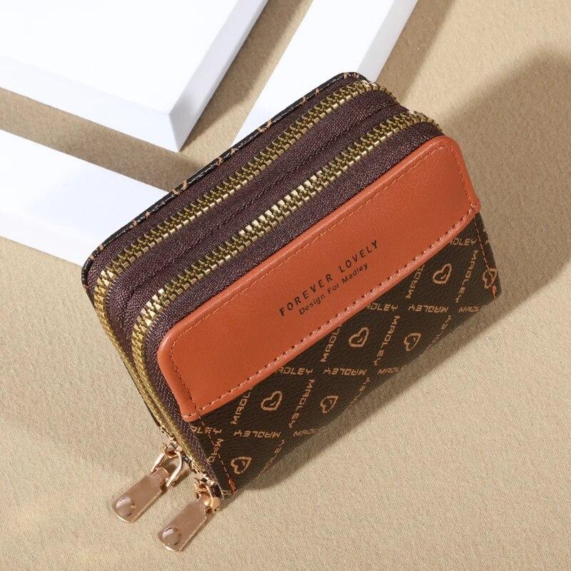 Women's Short Wallet Fashionable Double Zipper Color Blocking Coin Purse Clutch Bag Multi Slot Large Capacity Card Pack Double Layered Women's Bag