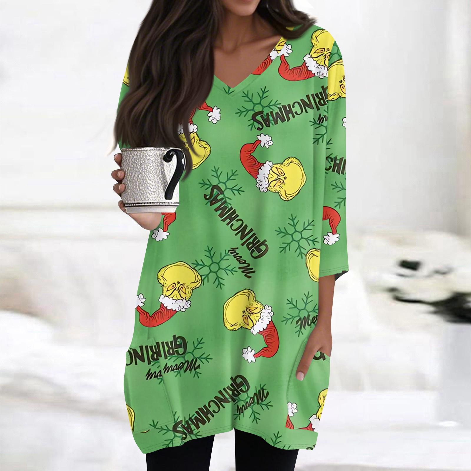 

Женские топы с V-образным вырезом и рукавом 3/4, повседневные блузки средней длины, модные туники с рождественским принтом и карманами S