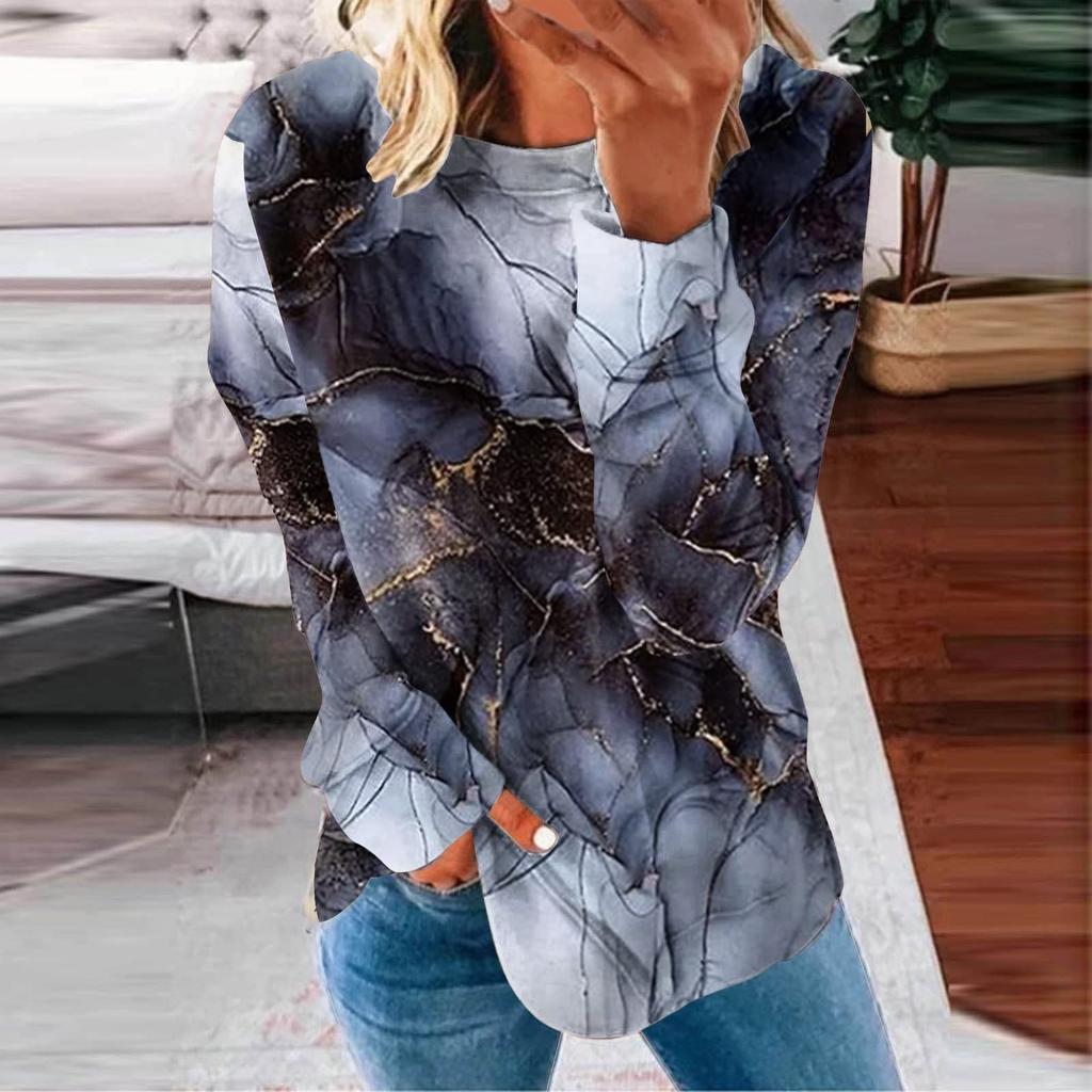 Damen Casual Fashion Print Langarm Rundhals Pullover T-Shirt Top