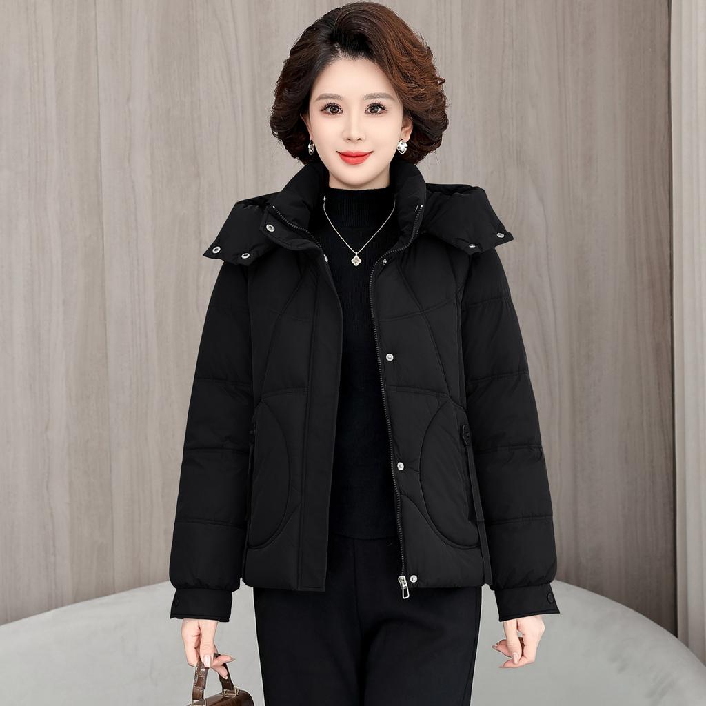 Women's Short Hooded Winter Middle-aged Loose Warm Cotton-padded Jacket with Detachable Hood