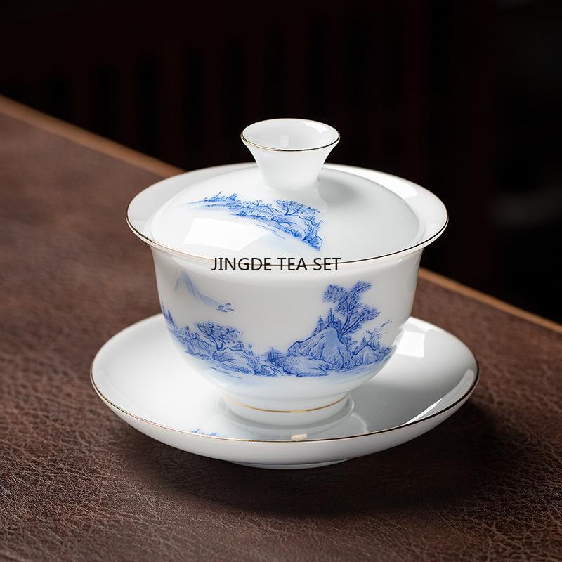 Ice Seed Sheep Fat Jade Ceramic Covered Bowl Single Household Kung Fu Tea Set Tea Making Bowl, High-end gaiwan set