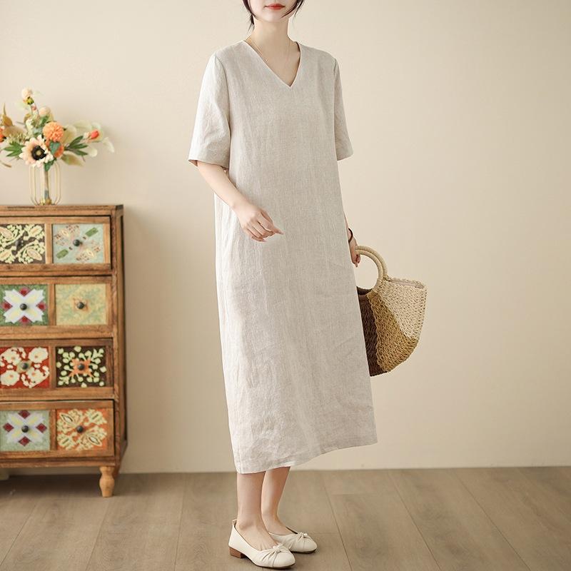 2025 Summer New Versatile V-neck Short-sleeved Cotton and Linen Dress for Women's Loose and Thin Solid Color Large-size Robe
