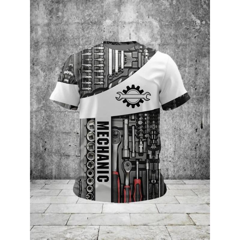 Summer Round Neck 3D Machine Tools Print Top Fashionable Casual Short Sleeved Men's T-shirts