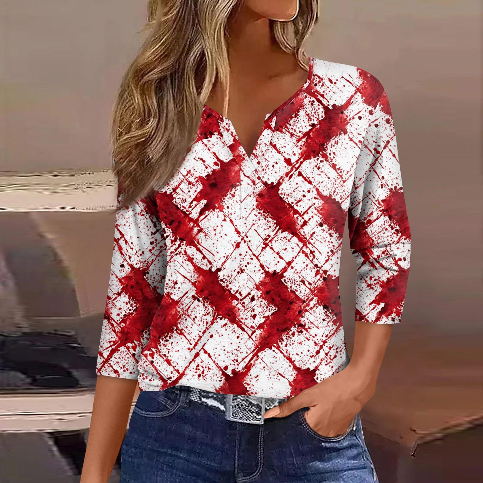 

Женская футболка с V-образным вырезом на пуговицах, с рукавом три четверти, на Хэллоуин XXL красный